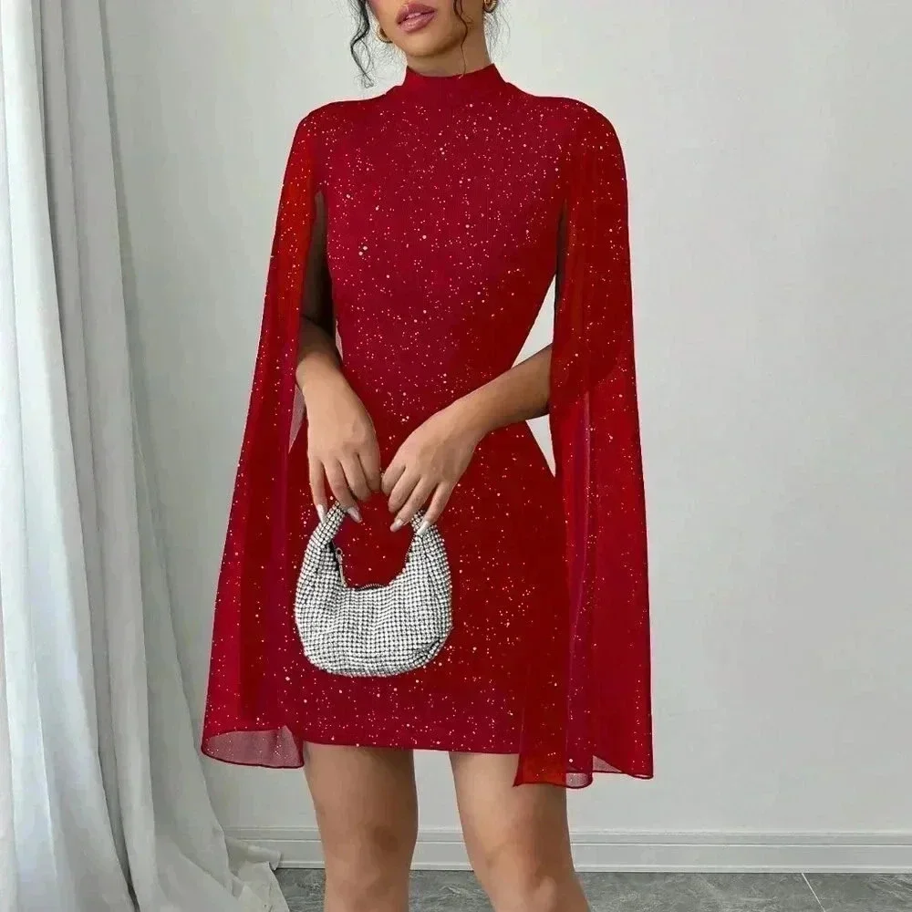 Red Party Women's Fitted Short Casual Mock Neck Flared Sleeve Bodycon Dress